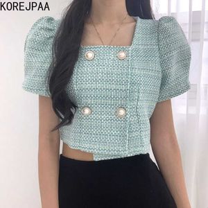 Korejpaa Women Jackets Summer Korean Chic Temperament Square Collar Pearl Double Breasted Puff Sleeve Irregular Tweed Coat 210526