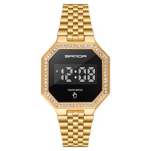 Sanda 8005 charme horloge voor man vrouw stijlvolle led touchscreen tijd en datum display 5ATM lichtgevende showlegering case stalen band minerale glas dubbele bescherming gesp