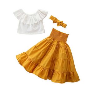 Großhandel Sommer Kinder Kleidung Anzug Mädchen Weiß Top + Hight Taille Kleid + Stirnband mode 3 stücke Set 1-6 jahr E21024 210610