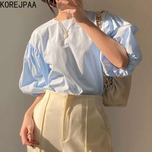 Korejpaa Donna Camicia Estate Corea Chic Gentle Milk Morbido Girocollo Allentato All-Fiammifero Tinta unita Casual Camicetta manica lanterna 210526