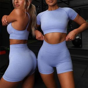 Summer Sport Set Women Blue Two 2 Piece Crop Top T Shirt Shorts Yoga suit Workout Active Outfit Fitness Gym Sets 210802