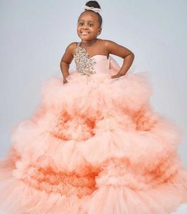 2021 Кристаллы Ошибка шеи ярусы TUTU Цветок Девушка Платья Мода Tulle Элегантные Литте Дети День Рождения Пагенты Ведущие платья