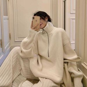 Jumpers Fashion Chic Autumn Oversize White High Neck Cardigans Black Sweater Knitted Tops Sueters De Mujer Pull Thick Coat 210610