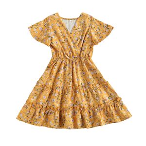 Citgeett Summer Yellow 2-6Years Kids Girls Fashion Short Sleeve Floral Dress Stylish Dress V-neck Clothes Q0716
