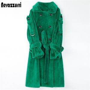 Nerazurri Longo Quente Fofo Faux Fur Trench Coat para Mulheres Double Breasted Rosa Branco Verde Plus Size Inverno Moda Cinto 220112