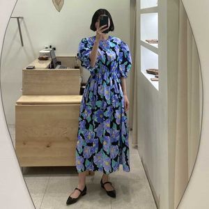 Vintage Tatlı Chic O Boyun Puf Kol Büyük Salıncak Çiçek Elbise Kadınlar Gevşek Vestido Feminino Zarif Casual Chic Yaz Plaj 210610