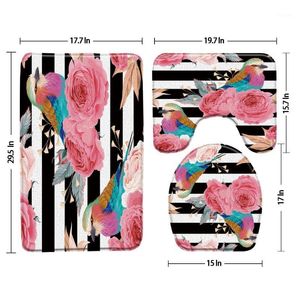 Bath Mats Flower And Bird Mat Black White Stripes Background Bathroom 3-Piece Set Shower Rug Toilet Carpet Products