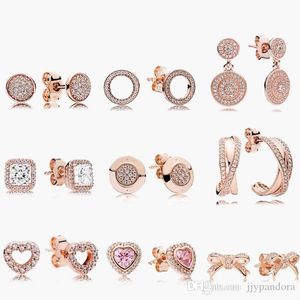 925 Sterling Silver stud Brand New Sparkling Double Hoop Earrings High Jewelry round love heart rose gold Earrings Dust Bag Gifts fit Pandora Charm