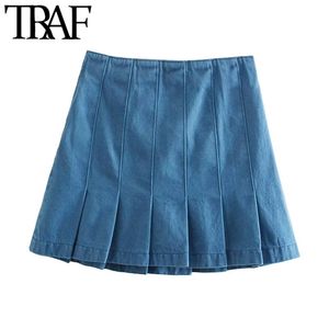 Women Chic Fashion Pleated Denim Mini Skirt Vintage High Waist Side Zipper Female Skirts Mujer 210507