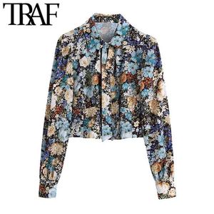 Women Fashion With Bow Tie Floral Print Cropped Blouses Vintage Long Sleeve Button-up Female Shirts Blusas Chic Tops 210507