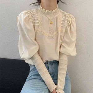 Korean spring stand collar wooden ear lace stitching shirt female loose lantern sleeve pleated vintage women Blouse tops 210508