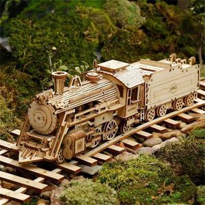 3 d木製パズル列車モデルDIY木製鉄道玩具メカニカル列車モデルキットアセンブリモデルホーム装飾工芸品210727