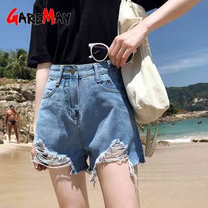 Shorts mit hoher Taille Denim zerrissene Jeans für Frauen Loch Distressed White Femme 210428