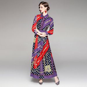 Casual Dresses 2021 Autumn Fashion Runway Women Maxi Turn Down Collar Long Sleeve Floral Print Dress Vestidos