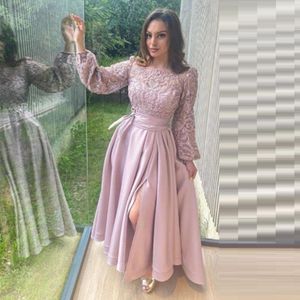 Robe de soiree 2022 pink satin a line prom dresses beaded lace appliques long sleeve vintage party gowns scoop neckline formal women dress
