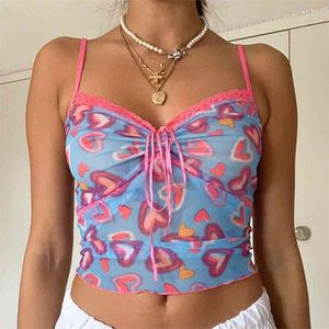 Sweet Heart Print Lace Patchwork Increspato Tie Up Y2K Summer Camis Top Backless Ruffles Carino Senza maniche Crop Cami Abiti 210510