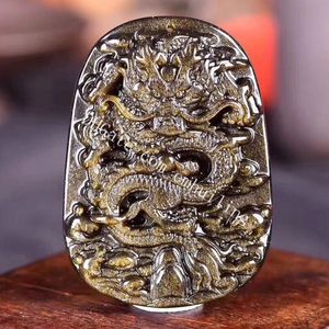 Natural Gold Sheen Obsidian Carved Chinese Zodiac Dragon Pendant Healing Crystal Gemstone Adjustable Rope Necklaces Lucky Stone Animal Amulet Charm for Men Women