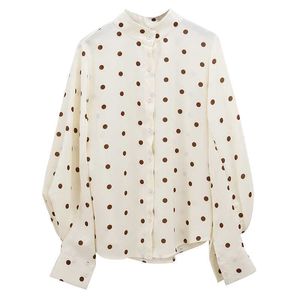 Kanske är du kvinnor polka dot mandarin krage beige puffhyle full ärm skjorta långärmad koreansk topp höst höst b0169 210529