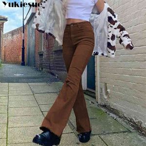 streetwear alta cintura feminina moda browm jeans mulher meninas mulheres flare calças calças feminino jean femme denim bagge mamã 210922