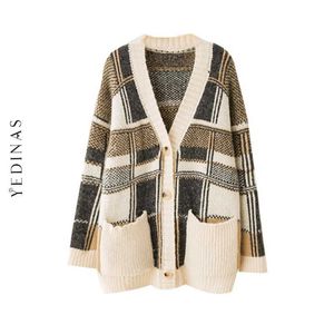 Yedinas Vintage Plaid Patchwork Cardigan Dzianiny V Neck Sweter Z Długim Rękawem Ladies Cardigans Luźne Kobiety Zima 210527