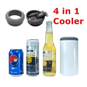 Wholesale! 4 in 1 Sublimation 16oz Can Coolers White Blank Straight Tumblers With 2Lids Stainless Steel Beer Holders Double Insulated Water Bottles Cups Mugs A12