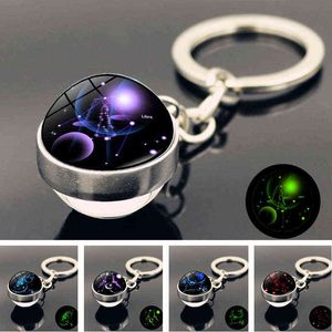 12 Constellation Luminous Keychain Zodiac Signs Jewelry Glow Glass Ball Pendant Key Ring Keychain for Key Birthday Gift Woman G1019