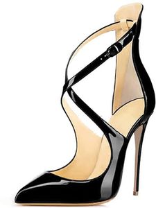 12cm Thin High Heel Women's Pumps Shoes Sexy Cross Belt Pointed Toe Wedding Party Shoe Patent Leather Stiletto Heels Black Sandals Big Size 43 44 45