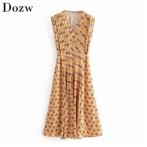 Elegant Women V Neck Floral Print Long Dress Sleeveless Bandage Fashion Pleated Female Satin Maxi Lady Vestido Mujer 210515