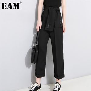 [Eam] Spring High Waist Lace Up Black Slim Temperament Trend Fashion Women's Wild Casual Wide Ben Pants LA2 211008