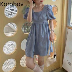 Korobov Sommer Quadrat Kragen Puff Sleeve Frauen Kleid Vintage A-linie Kleider Koreanische Süße Chic Vestidos Femme 210430