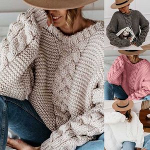 Kvinnor Vinter Långärmad V-Neck Sweater Chunky Flätad Kabel Stickad Pullover Top Solid Färg Casual Loose Jumper Shirt X0721