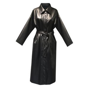 Women Black Pu Leather Trench Windbreaker Outwear Coat Long Style Solid Sash C0198 210514
