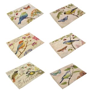 Set med 6 vintage stil målning Birdsstrees mönster matbord mattor bomull linne placemats värmeisolerande köksredskap 210817