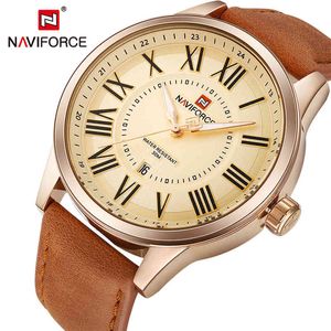 NAVIFORCE Brand Men Leather Gold Sports Watches Men's Fashion Roma Quartz Wrist Watch Male Date Analog Clock Relogio Masculino 210517