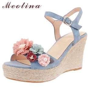 Meotina Sandalen Schuhe Frauen Echtes Leder Sandalen Keile Super High Heel Sandalen Blume Runde Zehen Damen Schuhe Sommer Blau 210608