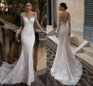 Illusion O Neck Gonna a maniche lunghe Abiti da sposa a sirena Appliqued Crystal Lace Sheer Back Fisthail Abiti da sposa