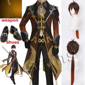 Spiel Genshin Impact Cosplay Zhongli Kostüm Zhong Li Cosplay 90 cm Lange Weihnachten Braun Orange Perücke Cosplay Anime Perücken + Perückenkappe Y0903