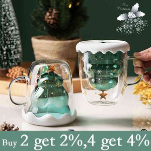 ふたの二重壁のコーヒーカップヨーグルトミルクジュースクリスマスマグの耐熱飲料服装カップg1126と創造的なクリスマスツリーのガラスカップ