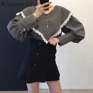 Kimutomo Chic Elegant Lace Patchwork Blouse Women V-neck Long Sleeve Polka Dot All-matching Shirt Ladies Spring Autumn 210521