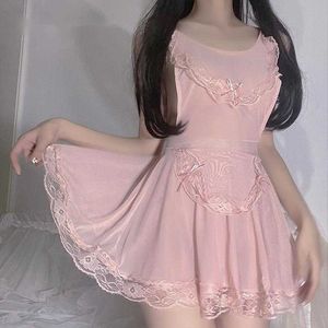 Womengaga Sweet Pink Maid Lace Up Bandain Sexy Backless Wzburzyć Mesh Koreański Kobiety Czołg Mini Dress Suknie 251m 210603