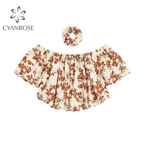 Koreanska Vintage Chic Floral T Shirts Kvinnor Sommar One Shoulder Top Sweet Loose Half-Sleeved Chiffon Blouse Kvinna 210515