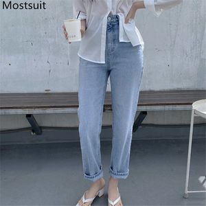 Blue Korean Fashion Denim Jeans Pants Women High Waist Button Fly Casual Solid Basic Trousers Capris 210518