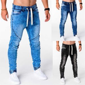 Homens jeans cordão cintura alta desighner jean calças verão homens motociclista reto jeans lavado calça calças preta azul 211108