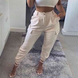 Kadın Moda Rahat Pantolon Pantolon Katı Kargo Cep Tasarımı Yüksek Bel 210915