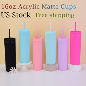 Local Warehouse 16oz Acryl Matte Tumblers Farbige gerade Tumbler-Deckel Stroh Doppelwandige doppelwandige vakuumisolierte tragbare Reisewasserflaschen aus Kunststoff