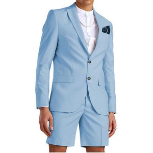 Casual Summer Light Blue Men's Suit with Short Pants 2 Piece Groom Beach Tuxedos for Wedding Male Fashion Blazer 2021 X0909