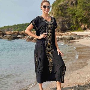 Black Cotton Embroidered Maxi Beach Dress Cover ups Robe de Plage Swimsuit cover Bohemian Long Bikini 210722