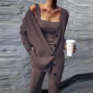 Women Casual 3 Pieces Buttons Tracksuits Ladies Ribbed Knit Vest Top And Wide Leg Pants Sets Streetwear Femme Plus Size Outfits 211215