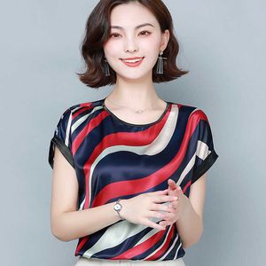 韓国のシルクの女性のブラウストップス夏の女性縞模様のブラウストッププラスサイズのサテンプリントシャツBlusas Mujer de Moda XXXL 210531
