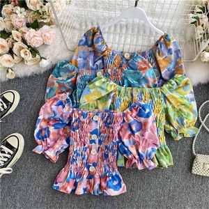 Женщины цветочные высокие талию короткие рубашки напечатаны женские летние ниша Япония стиль тонкий подходящий слойный рукав топы Blusa GX1086 210507